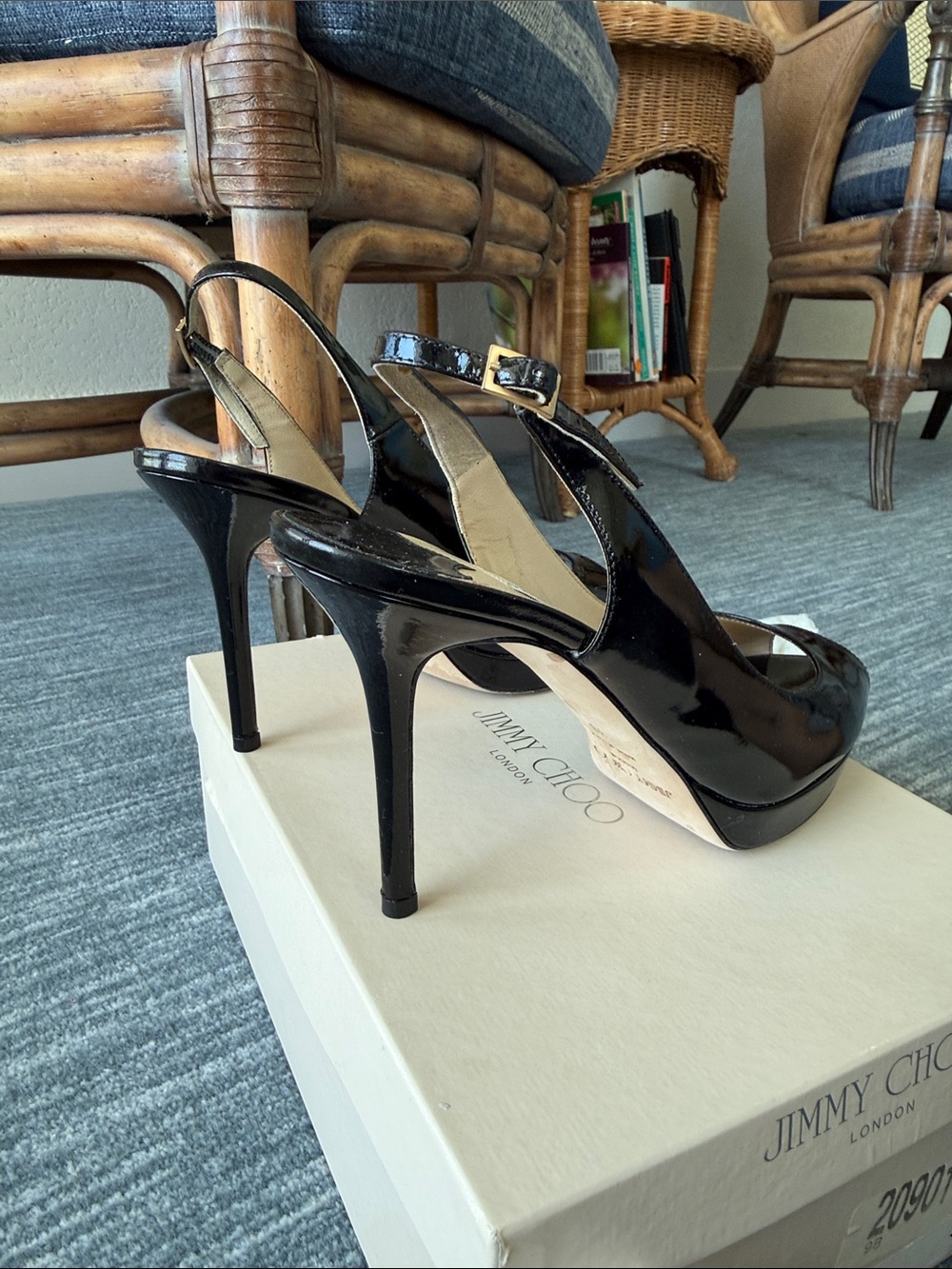 Jimmy Choo Black Patent Leather Peep-Toe Slingbacks - Picture 2 of 3